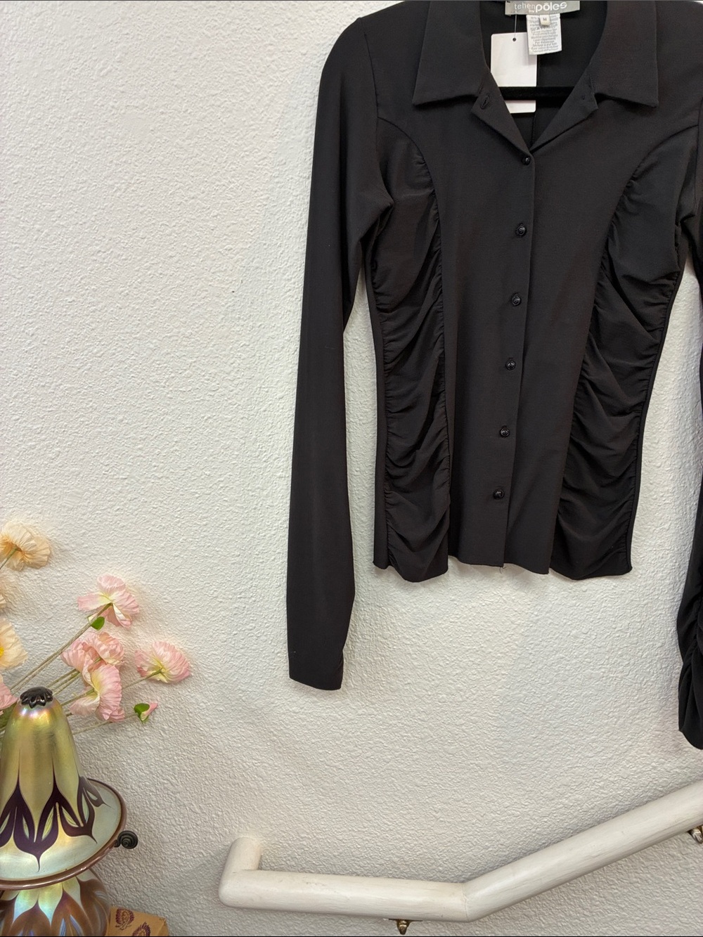 Tehen Par Poles Black Ruched Button Down Shirt Long Sleeve Size M - Picture 3 of 6